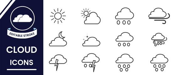 Set of line cloud silhouette, vector, icons. Cloud Icon Vector, symbol Illustration set. Cloud icon vector design for web, logo and mobile app. Vector illustration.