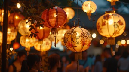 Illuminated paper lanterns with intricate patterns hanging against a blurred backdrop of people and lights.