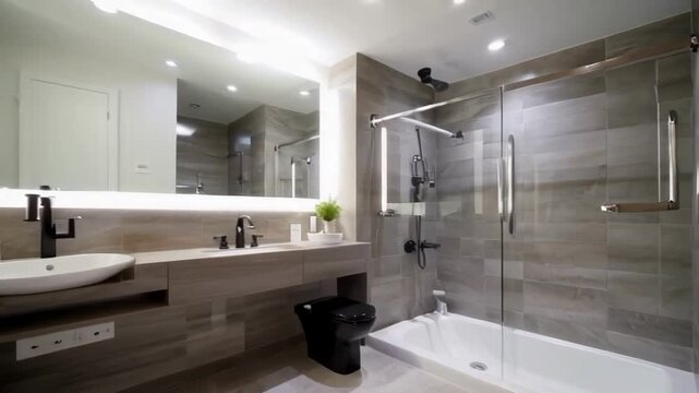 A modern bathroom featuring a sleek design with stylish fixtures and lighting
