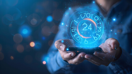 Man hand holding phone with icon virtual 24-7 on for worldwide nonstop and full-time available contact of service concept. Assistance customer services, deliver, and Nonstop service 24 hr concept.