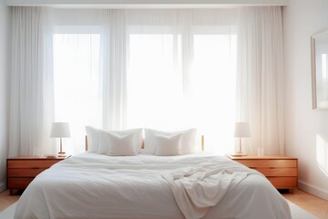 Minimalist Bedroom with White Bedding and Large Windows.