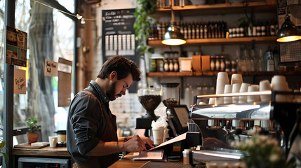Fototapeta premium Focused individual brainstorming ideas and strategies for a business plan while sipping coffee in a cafe.