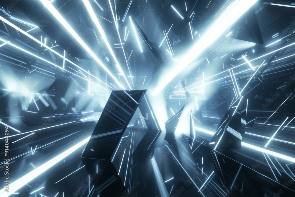 Poster futuristic 3d scene with abstract shapes and light beams, creating a vibrant scifi environment