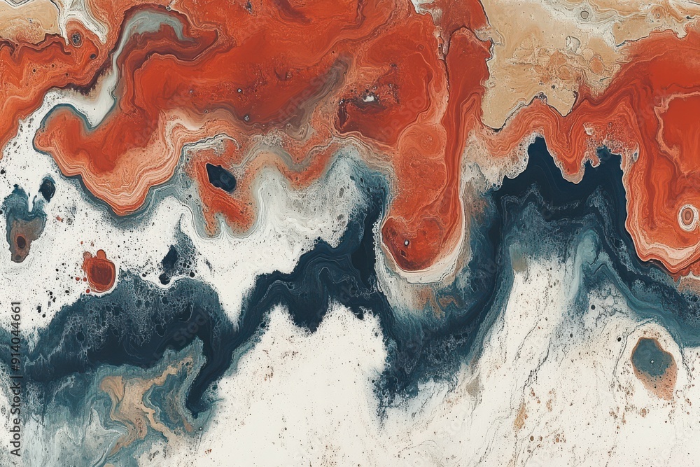 Poster A vibrant abstract painting featuring fluid swirls of red, blue, and white. The textures and patterns create a dynamic and visually captivating composition.
