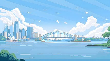 Fototapeta premium A flat illustration portraying the Sydney skyline, highlighting both the opera house and the bridge.