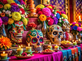Fototapeta premium Vibrant floral arrangements and intricately painted sugar skulls adorn an ornate altar, set against a backdrop of rich fabrics and glittering decorations for the festive celebration.