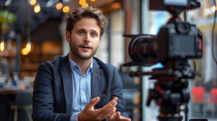 Young professional is recording video content for his followers while sitting in a restaurant and gesturing with his hands
