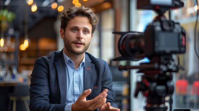 Young professional is recording video content for his followers while sitting in a restaurant and gesturing with his hands