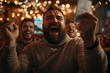 A bearded man holds a ticket and jubilantly celebrates a win with his cheering friends in a lively, festive pub environment filled with vibrant lights.