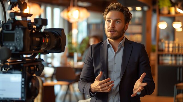 Confident young businessman being interviewed on camera in modern office, gesturing passionately, showcasing communication skills and leadership
