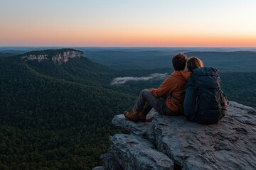 Fototapeta premium A couple sits on a cliff edge, their backpacks beside them as they watch the sunrise over a vast forest landscape, capturing a tranquil, adventurous moment in nature.