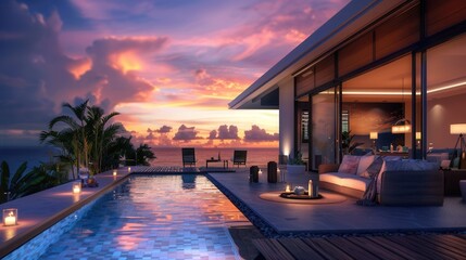 Fototapeta premium Vacation house with seascape scenic view at dusk