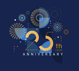 Anniversary 25, celebrating twenty five years,25th anniversary.Elegant card for event with abstract golden fireworks and golden numbers on blue background with geometric pattern.Vector illustration