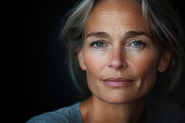 An elegant woman with grey hair, captured against a dark background. Her serene expression conveys a sense of wisdom, confidence, and timeless beauty, highlighted by soft lighting.