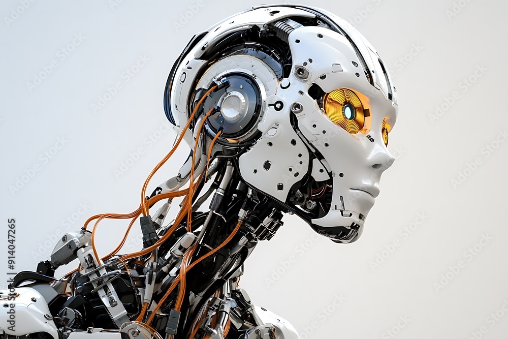 Poster futuristic high-tech robot with visible wires and sleek design - illustration concept