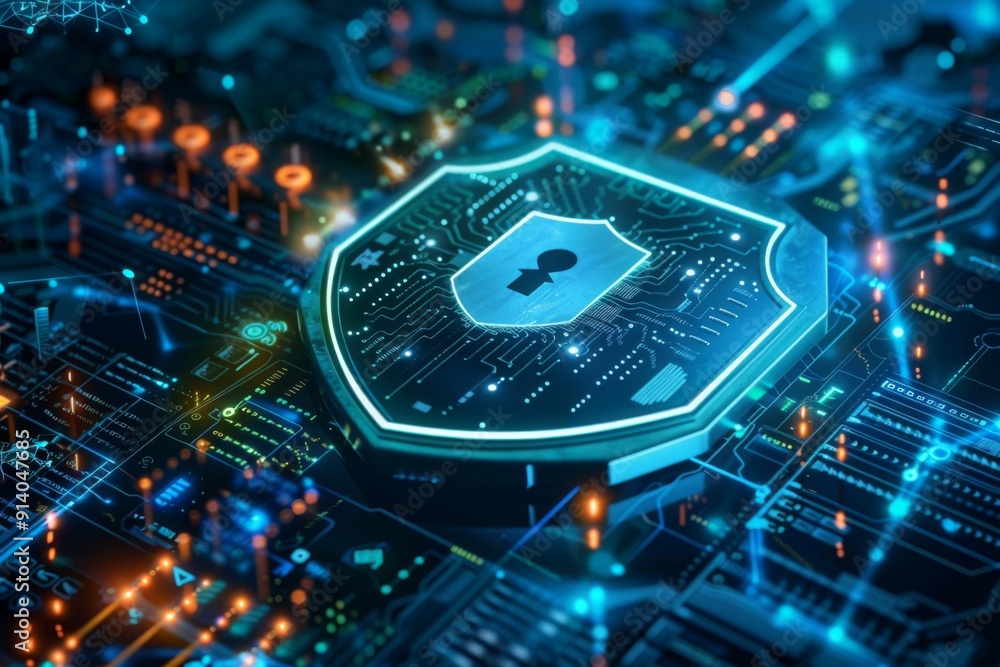 Poster advanced cybersecurity shield protecting a network in a high-tech sci-fi setting from digital threat
