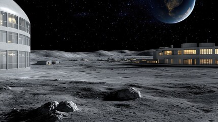 Astronauts explore the lunar landscape with a habitat module and rover under a bright moon in the dark expanse of space