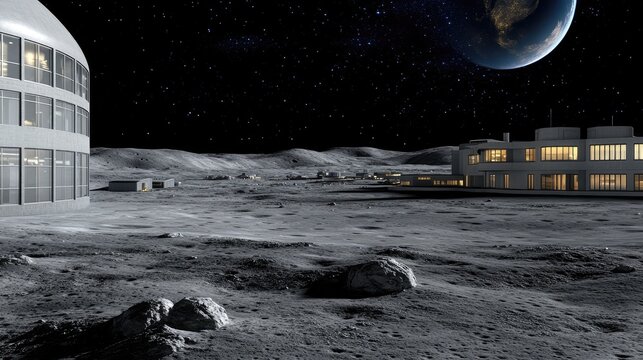Astronauts explore the lunar landscape with a habitat module and rover under a bright moon in the dark expanse of space - Powered by Adobe