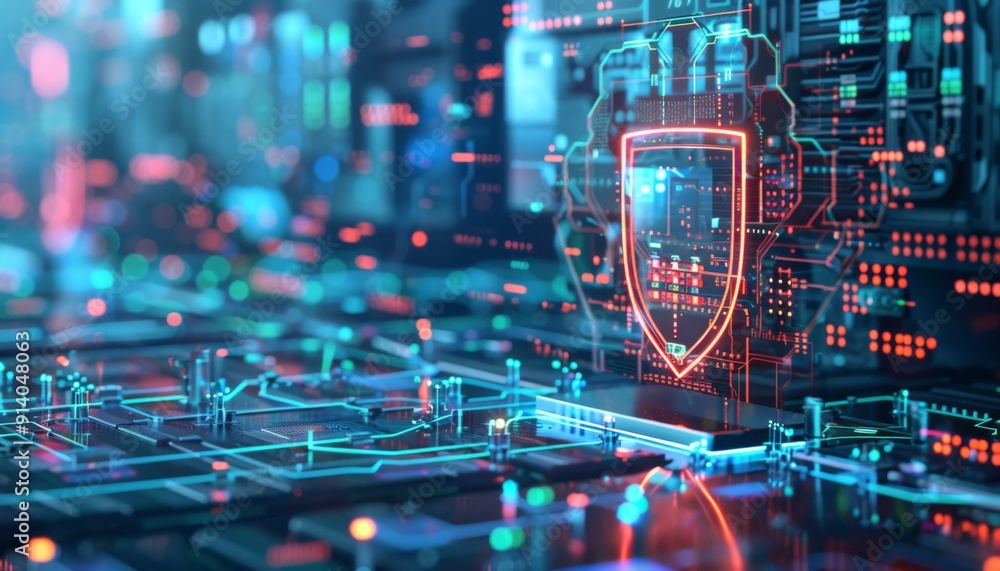 Poster advanced cybersecurity shield protecting a network in a high-tech sci-fi setting from digital threat