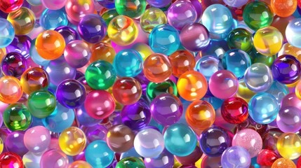 Seamless pattern of colorful glass marbles in vibrant shades of blue, green, orange, and red. Bright and playful design.