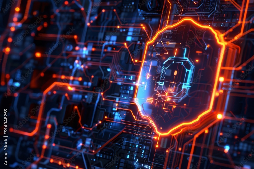 Poster advanced cybersecurity shield protecting a network in a high-tech sci-fi setting from digital threat