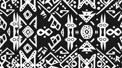 Black and white tribal seamless pattern with bold geometric shapes. Great for ethnic, cultural, and traditional themes.