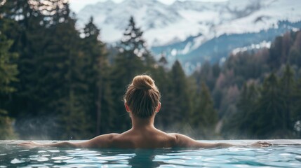 Fototapeta premium Back view of a female in spa pool with beautiful scenic view