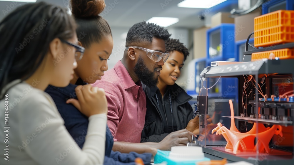 Poster students engaged in collaborative 3d printing project in modern classroom setting during daytime hou