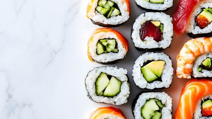 Sushi rolls, vegetarian maki, cucumber avocado rolls, white marble countertop, overhead view, fresh Japanese cuisine, vibrant colors, nori seaweed wrap, rice texture, sliced vegetables.