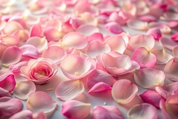 Obraz premium Delicate pink rose flower petals scattered and overlapped on a transparent background, creating a romantic and feminine composition with soft focus and natural lighting.