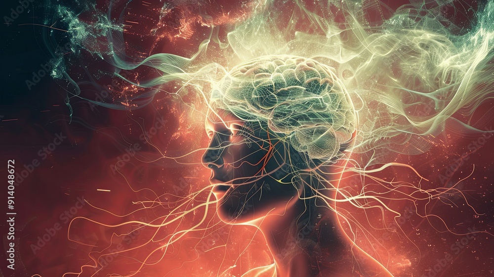 Poster abstract human brain with glowing lines and particles.