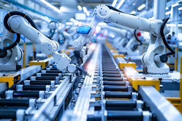High-tech factory floor featuring robotic arms and autonomous mobile robots (AMRs) controlling assembly lines