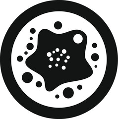 Black and white icon of a microorganism, such as an amoeba or protozoa, growing and multiplying in a petri dish