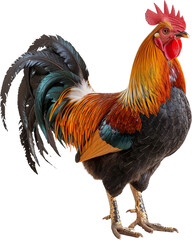 Fototapeta premium Vibrant, colorful rooster standing proud with detailed feathers, red comb, farm animal, symbol of dawn, poultry beauty.