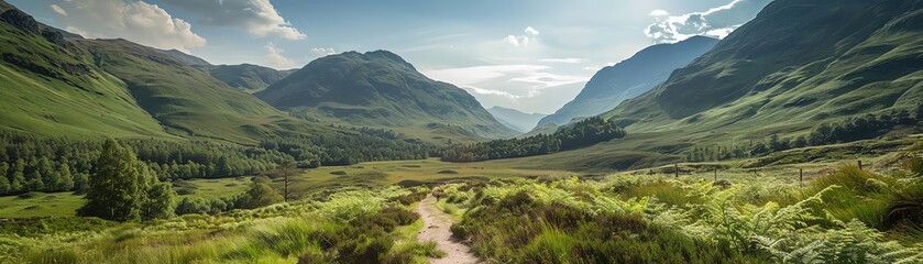 Serene landscape showcasing lush valleys and majestic mountains under a bright sky, perfect for nature lovers and adventurers. - Powered by Adobe