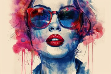 Obraz premium Vibrant watercolor painting of a fashionable woman wearing sunglasses and a hat, showcasing bold and artistic expression.