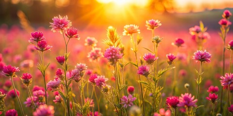 Obraz premium Vibrant pink wildflowers sway gently in a serene meadow, bathed in warm, golden light, with soft focus and pastel hues evoking a sense of peacefulness.