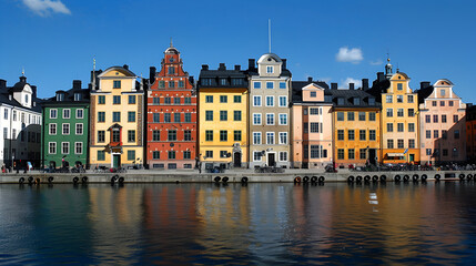 Obraz premium A vibrant row of colorful buildings along a peaceful street in a picturesque scene.