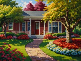 Obraz premium Beautiful House in middle og flower garden