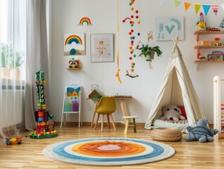 Colorful and playful children's room with teepee and toys.