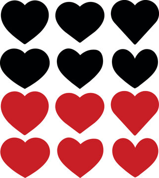 Set corazones negros y rojos. Pack de corazones vectoriales en dos colores. Recursos gr&aacute;ficos para proyectos web y carteler&iacute;a. Concepto amor y bodas.