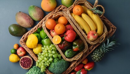 Fresh fruits and vegetables that look delicious in a basket, health food with a health concept, anthocyanin, antioxidants, smart carbohydrates, omega 3, minerals.41