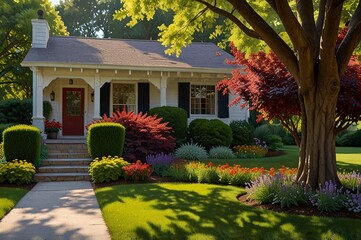 Obraz premium Beautiful House in middle og flower garden