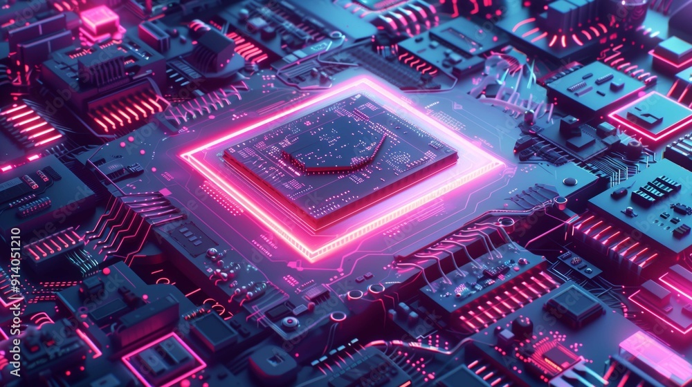 Poster glowing pink neon light illuminates a computer processor, surrounded by intricate electronic compone
