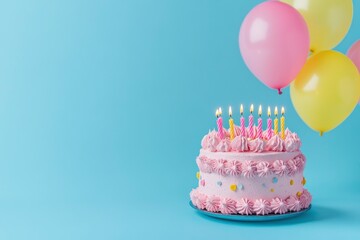 Pink birthday cake with birthday candles and pink and yellow party balloons against a blue background and copy-space with generative ai