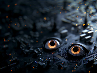 Surreal depiction of human eyes embedded in a dark electronic circuit board, symbolizing artificial intelligence and cybernetic vision.