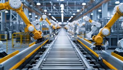 High-tech factory floor featuring robotic arms and autonomous mobile robots (AMRs) controlling assembly lines