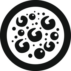 Black and white icon of a round hot pizza with mushrooms from above