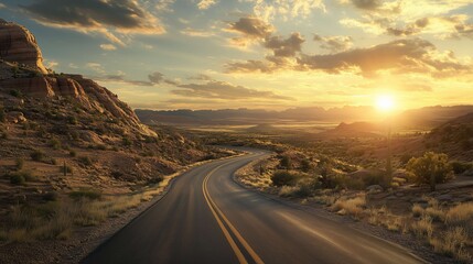 Fototapeta premium Winding highway through a desert at sunset, inviting you to explore the american southwest. Mountains, cacti, and a sky filled with sunlight and shadows
