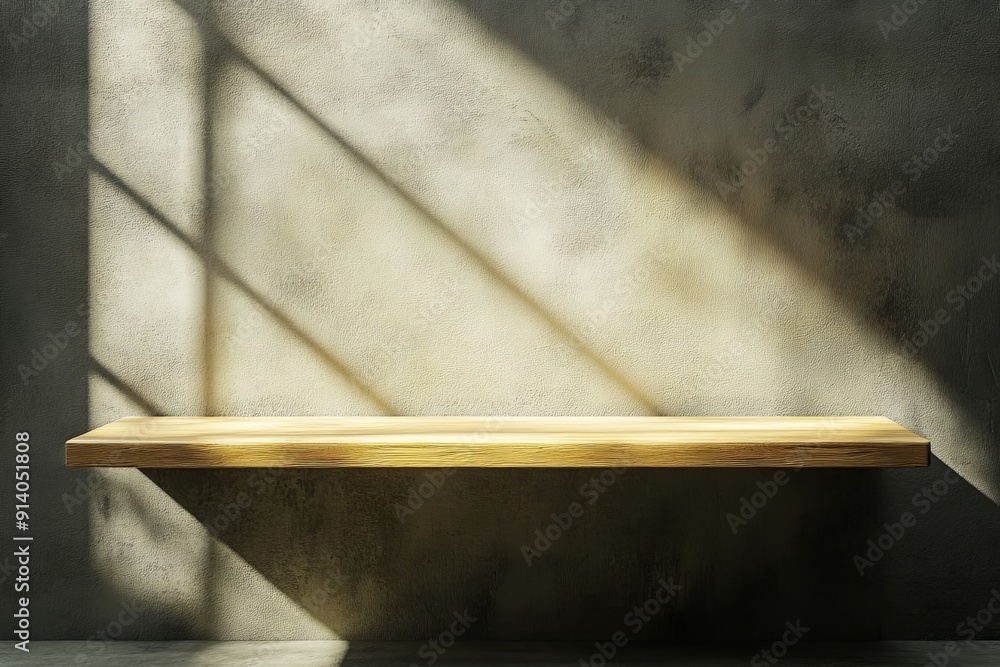 Poster an empty tabletop with a wall in the background and light coming from a window. showing a product.